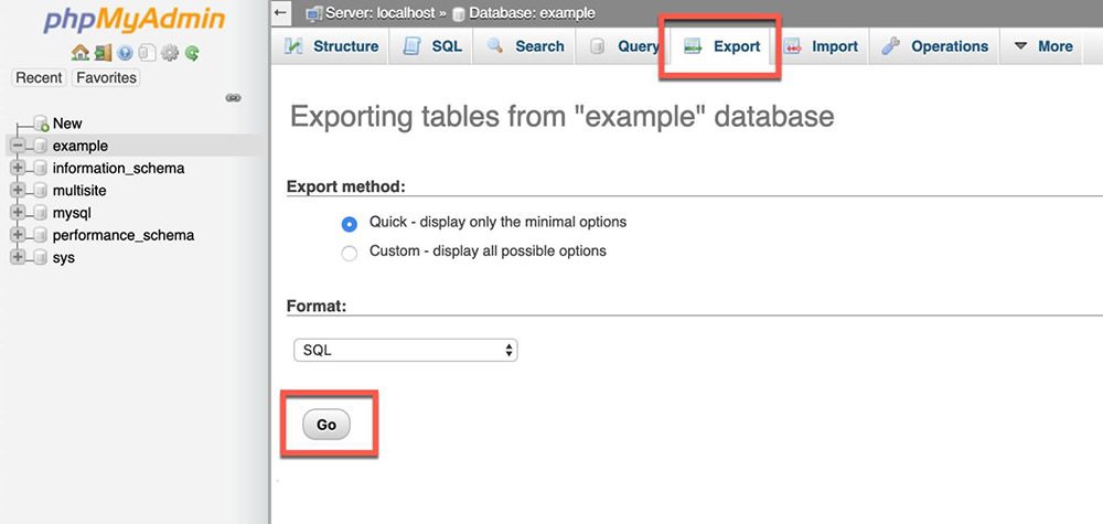 Exporting WordPress database