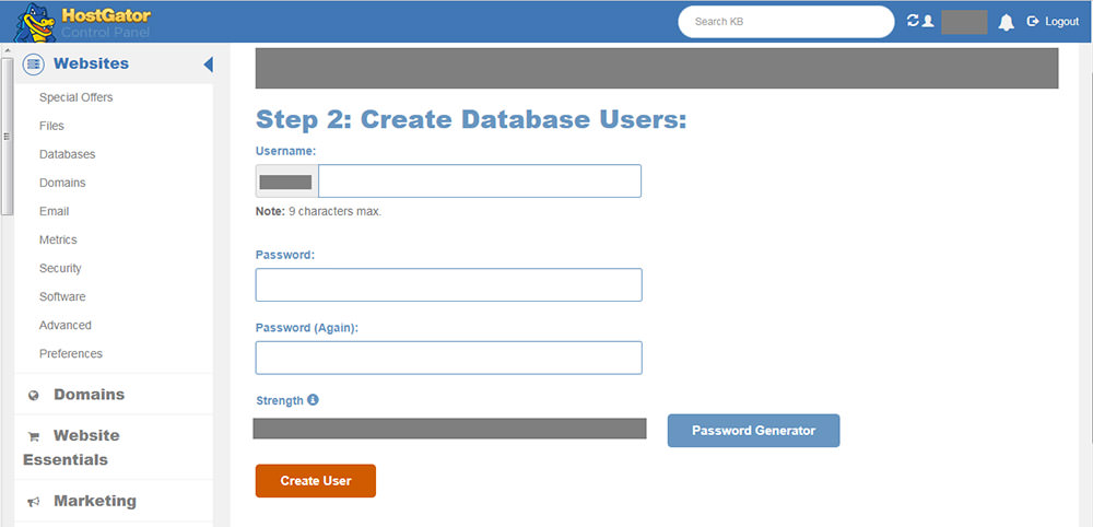 Creating database user