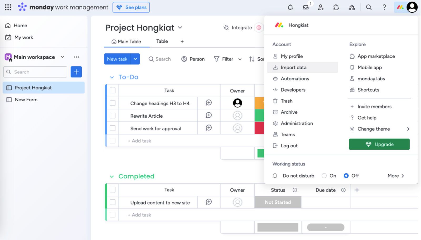 Import data from avatar icon