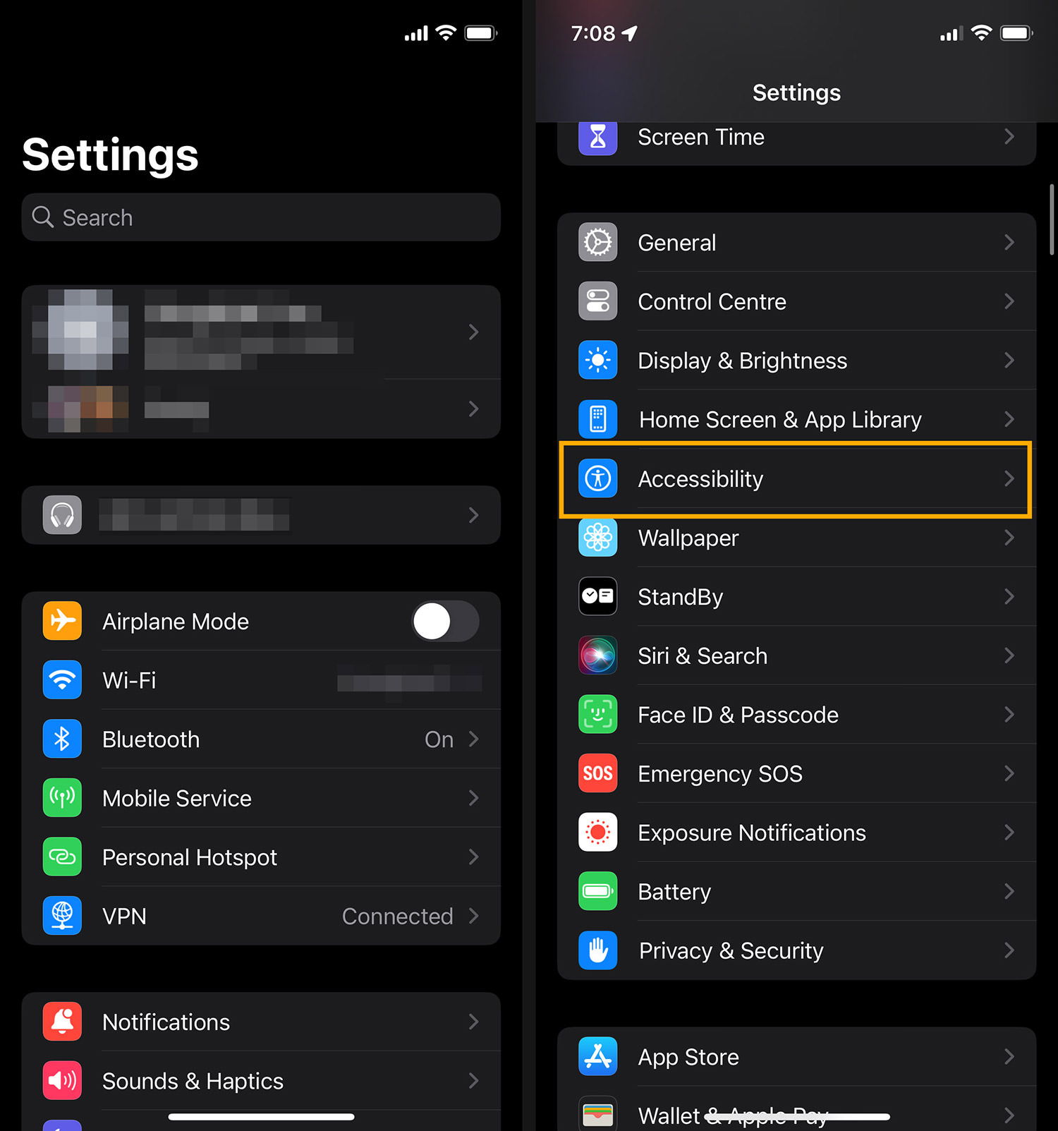 accessibility > settings