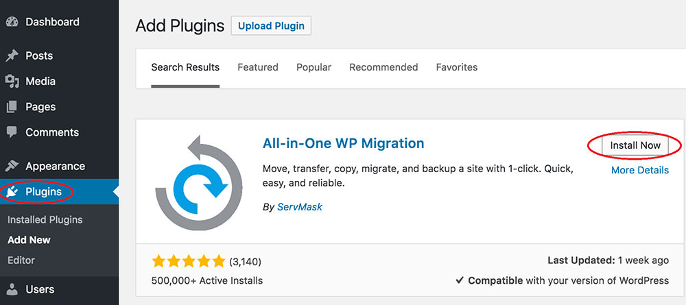 Installing All-in-One WP Migration plugin