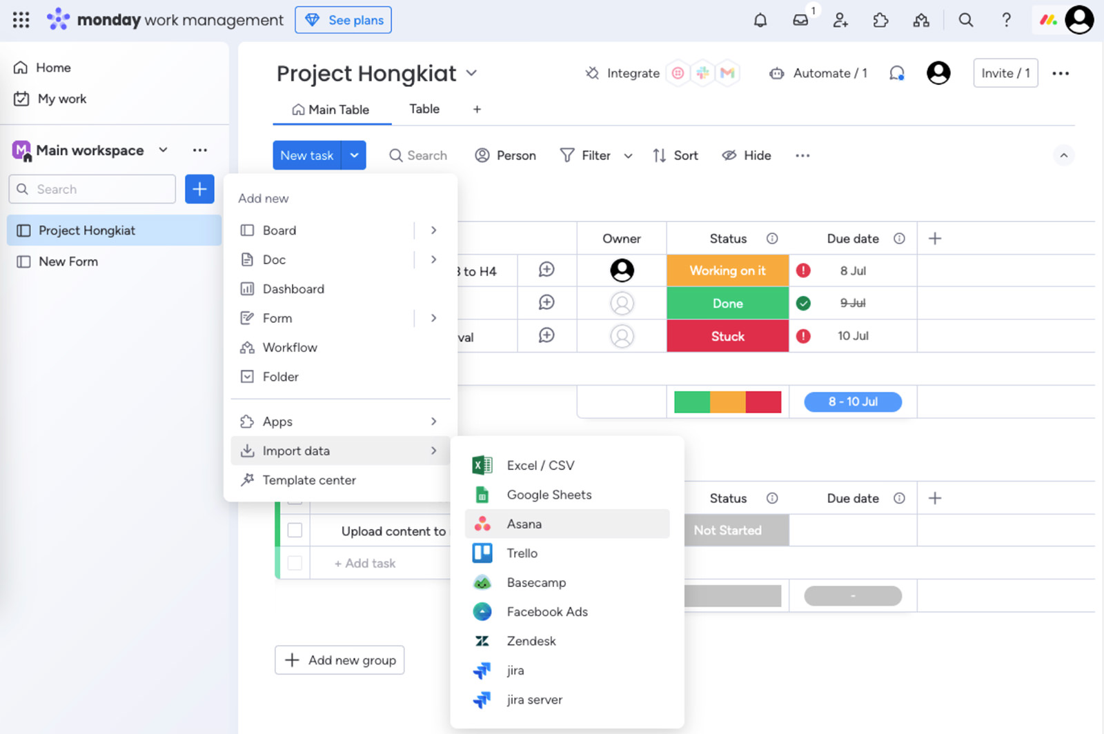 Add and Import data options