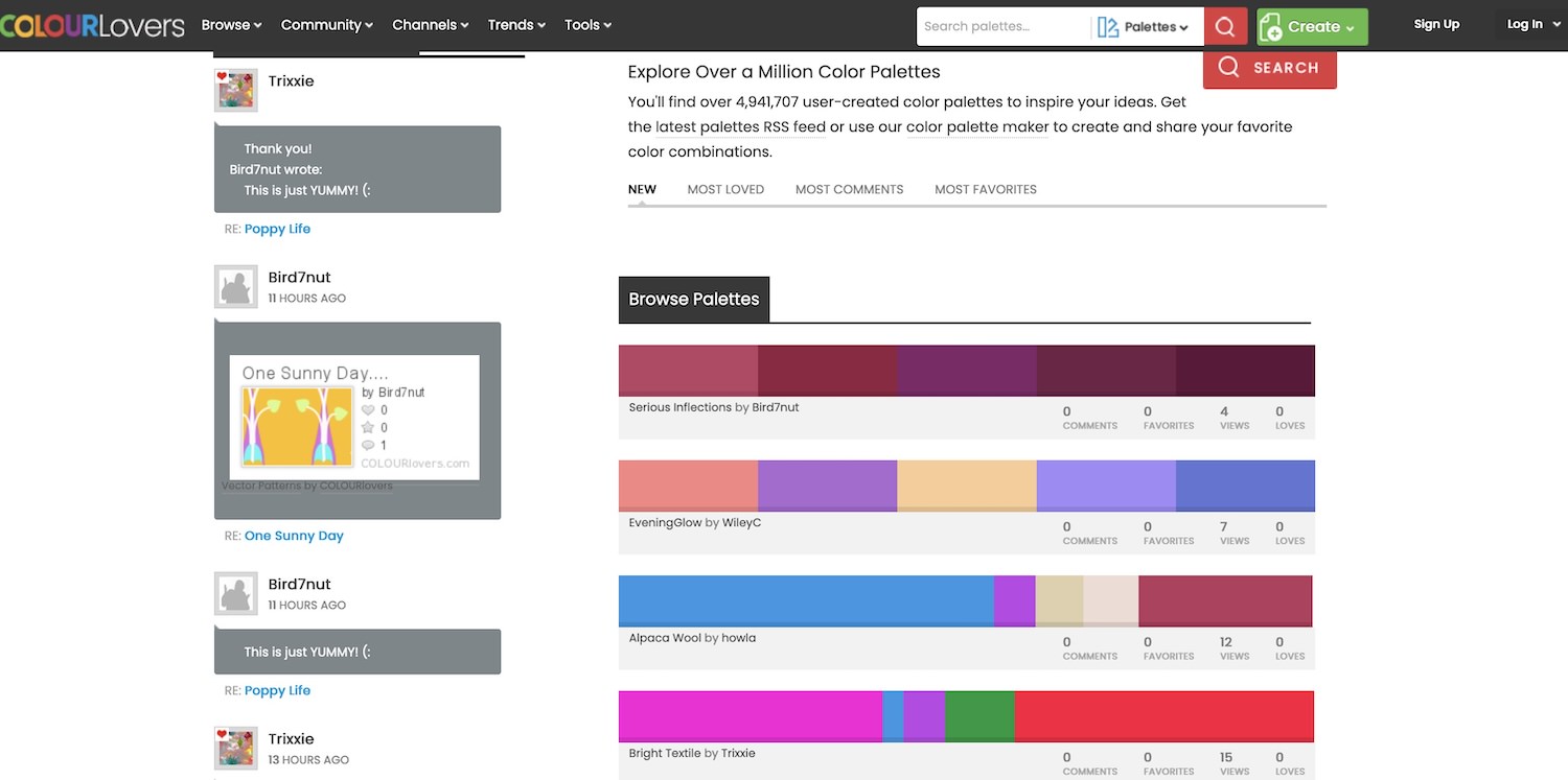 ColourLovers website screenshot with colorful palettes