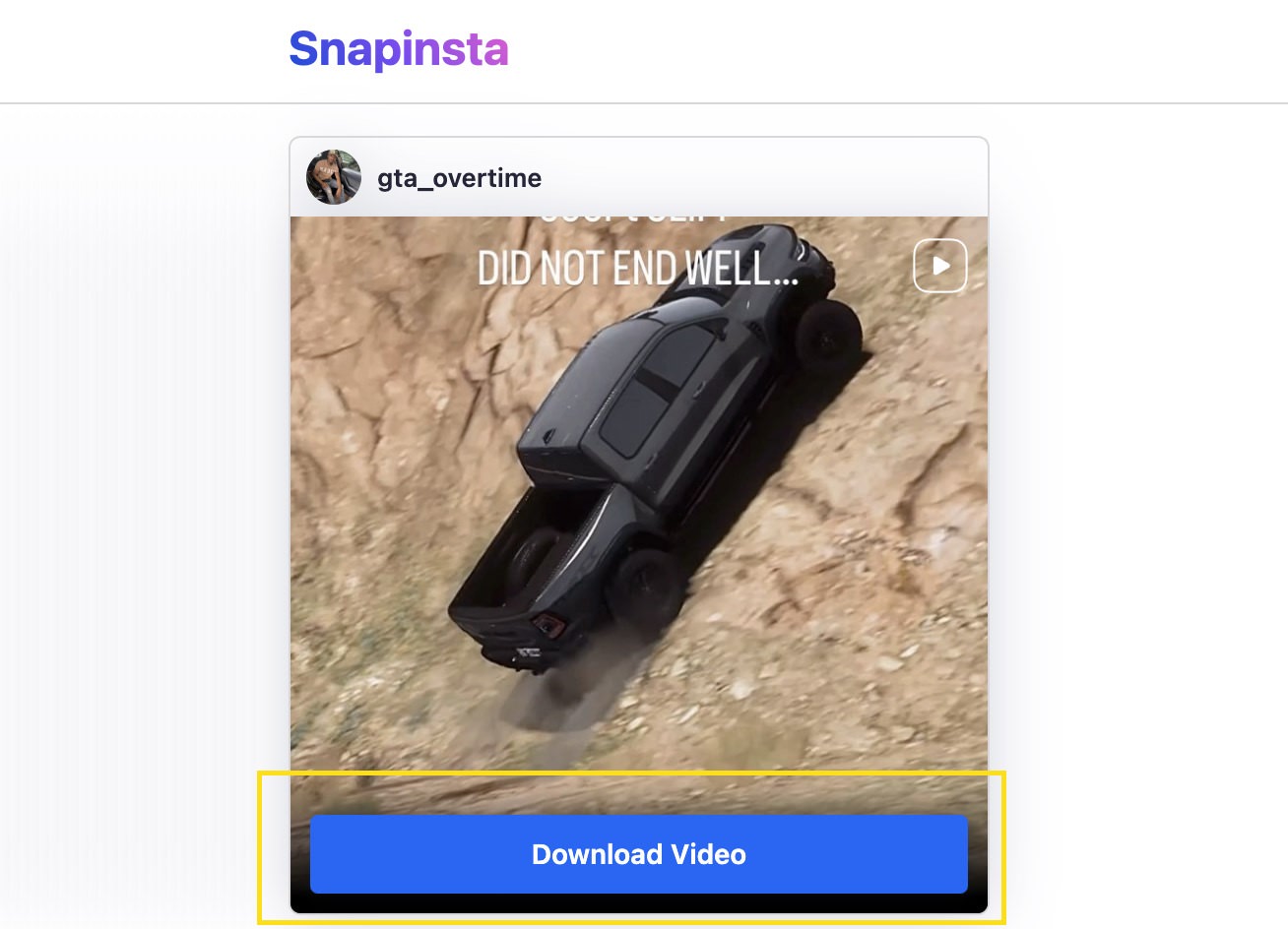 Button to download video from SnapInsta