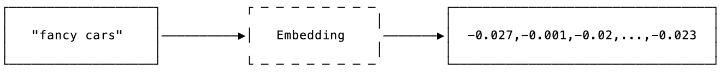 A diagram showing the process of embedding words 'fancy cars' into numbers from left to right