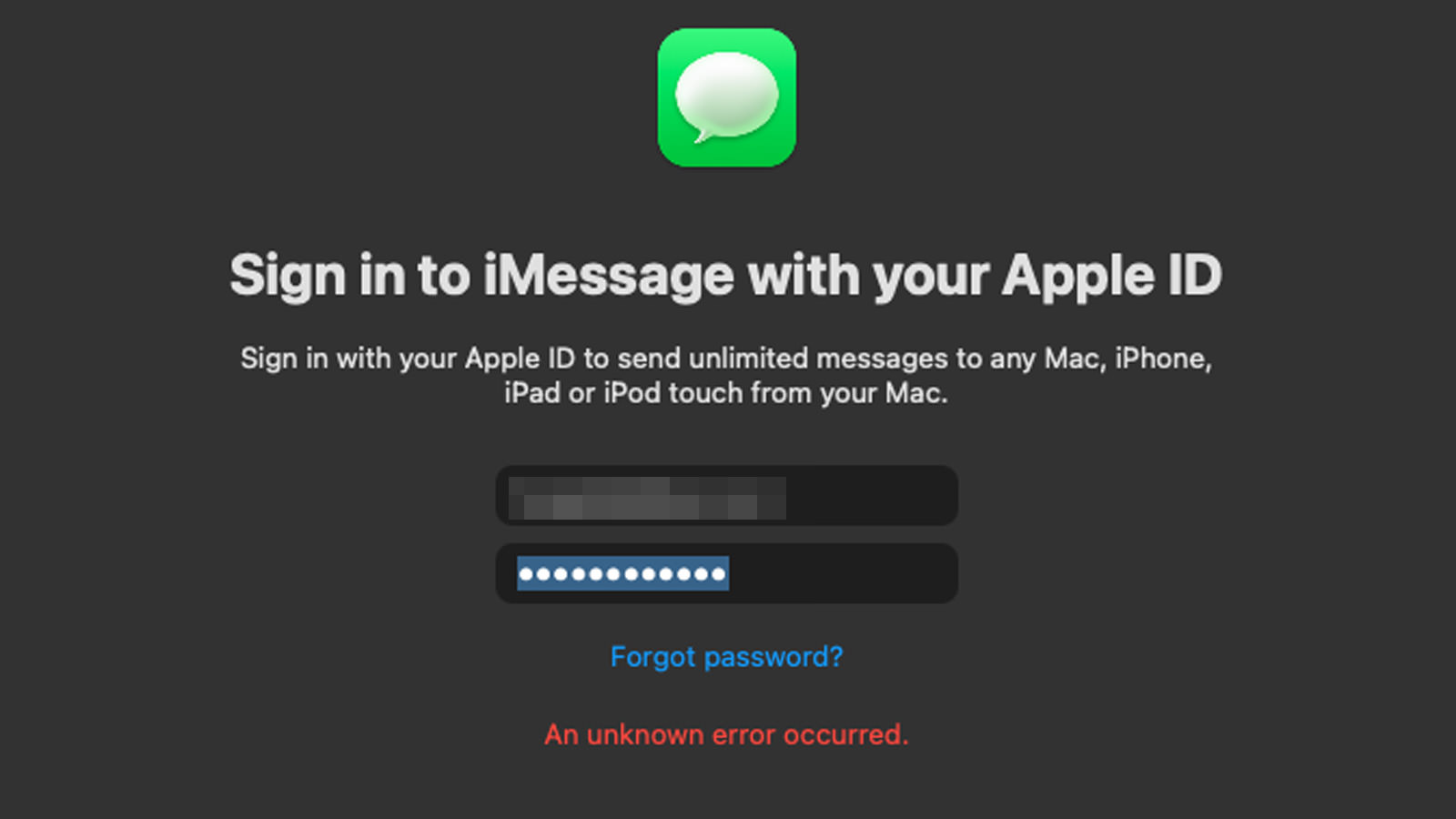 iMessage's An unknown error occurred message