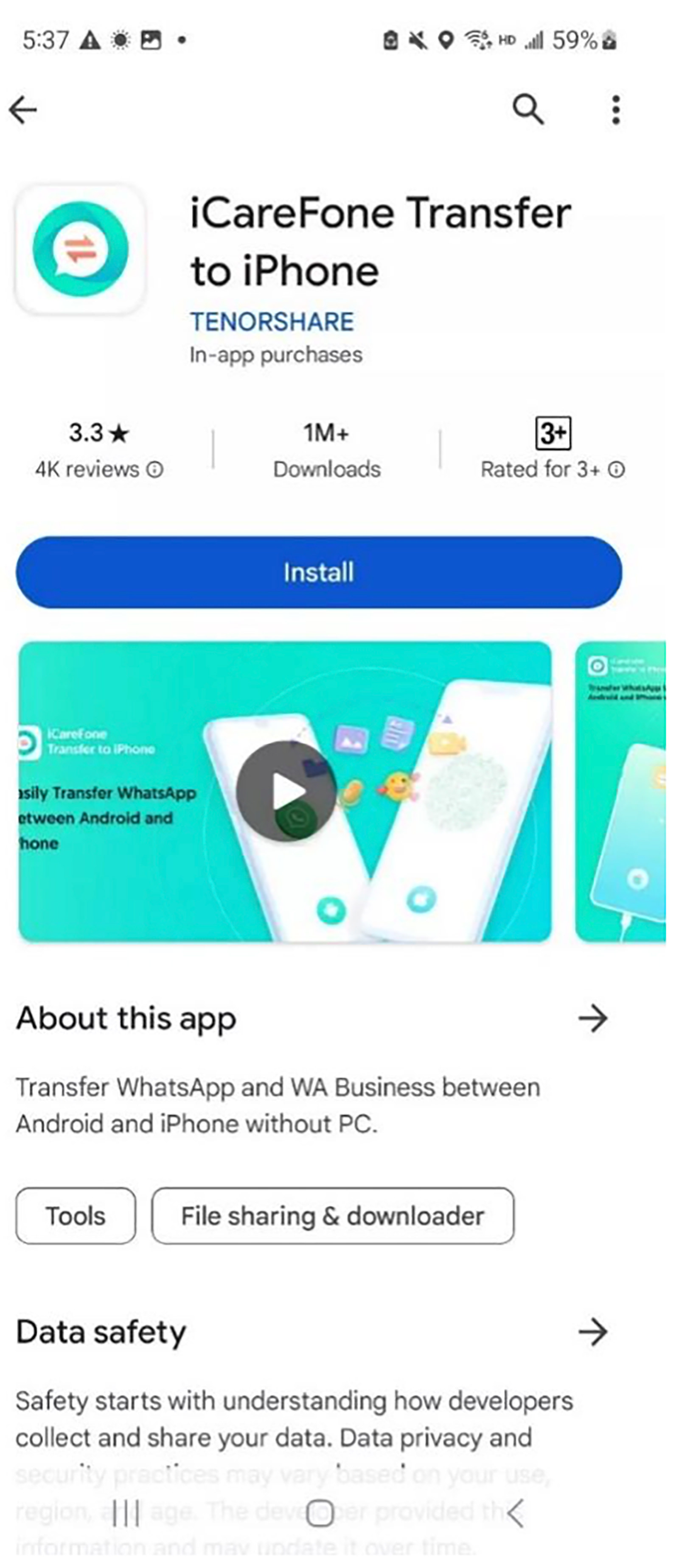 Installing iCareFone Transfer App from Play Store