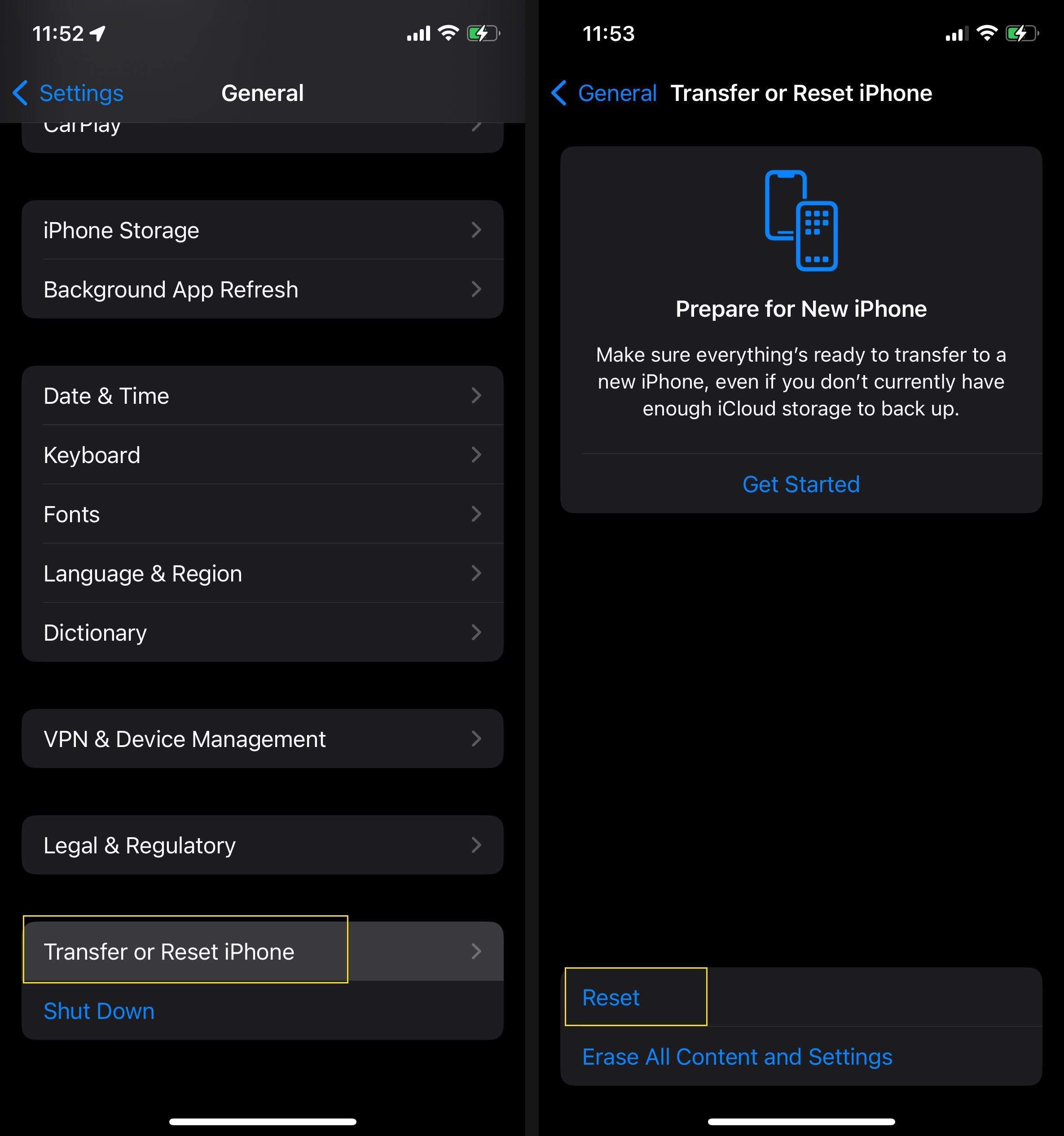 Resetting iPhone via Settings