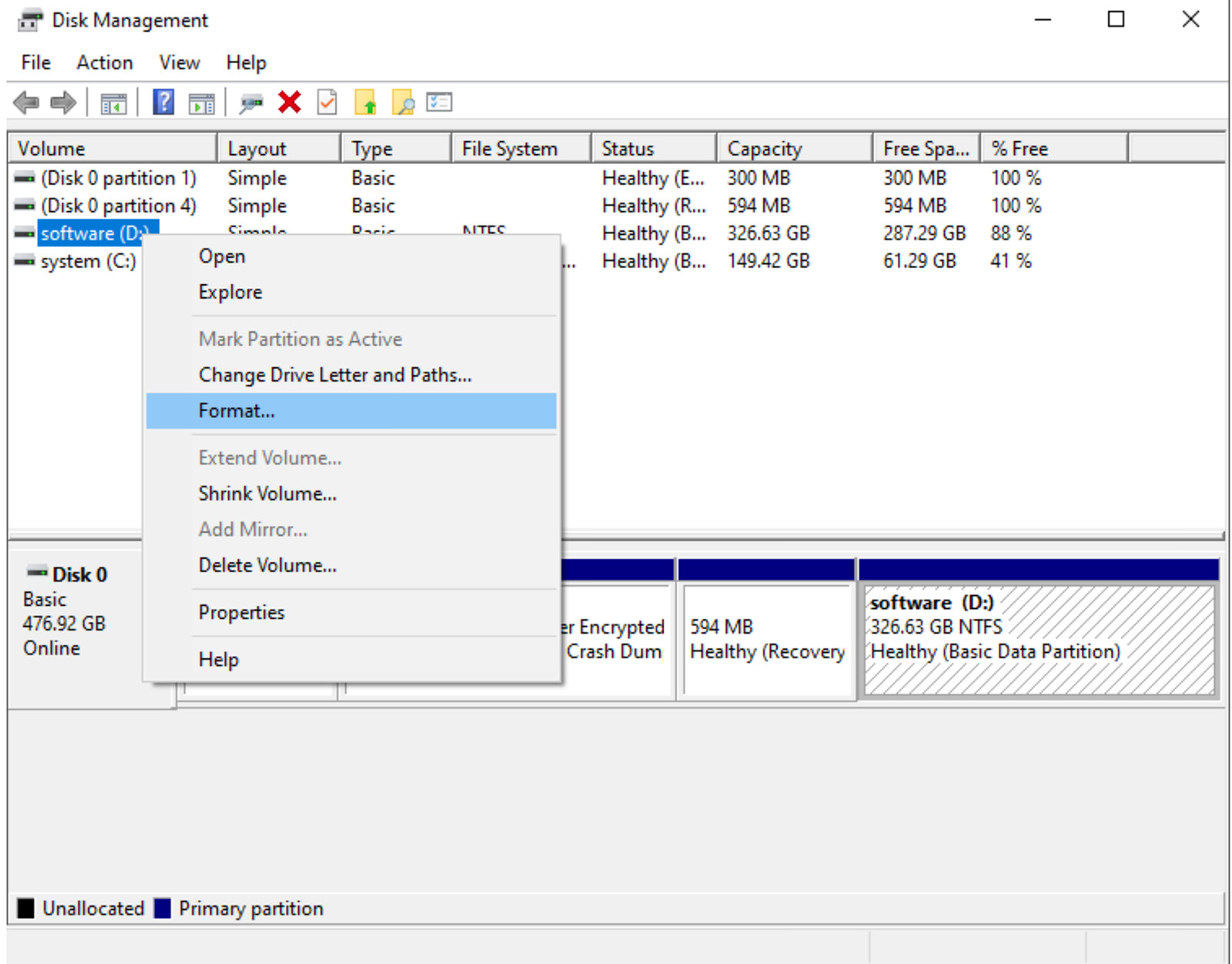 Choosing drive to format in Disk Management