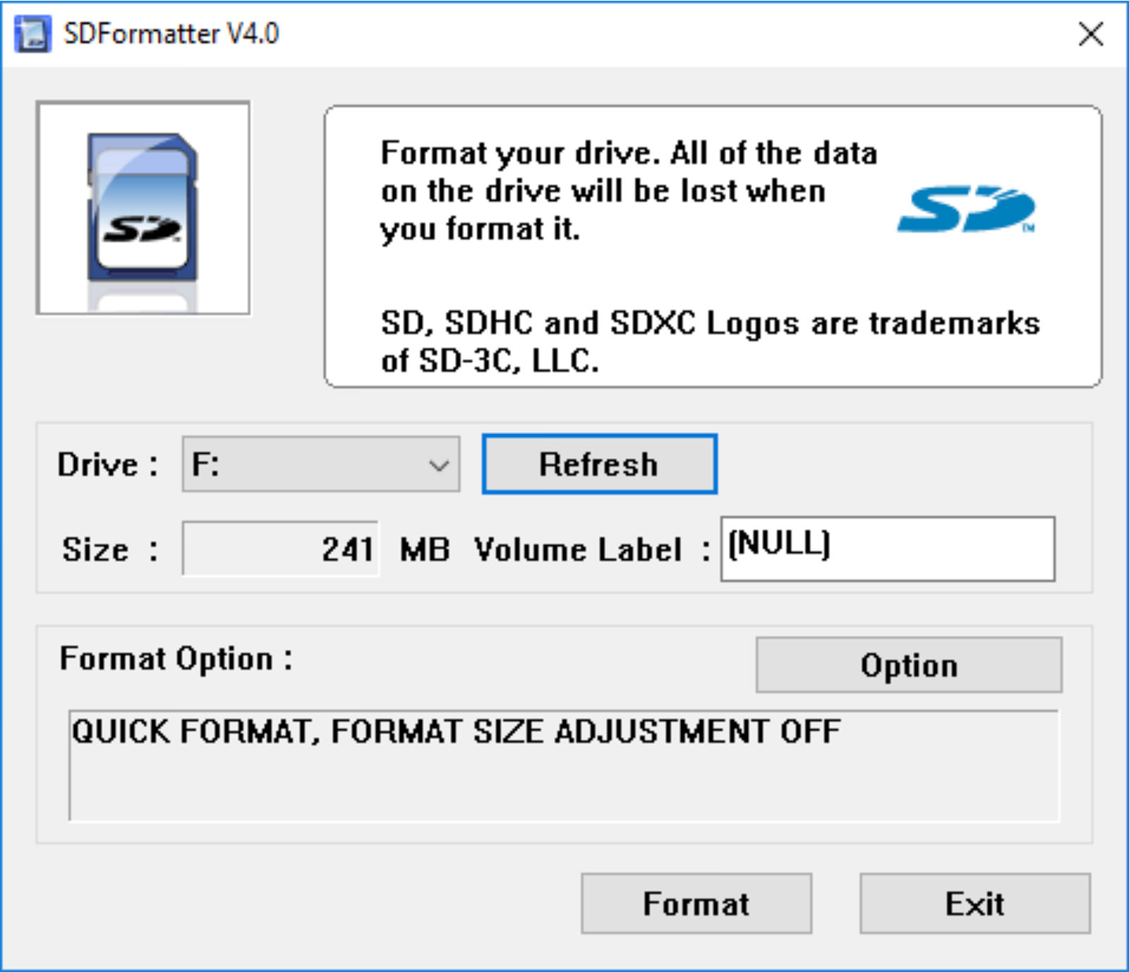 Refreshing SD card selection in SD Memory Card Formatter