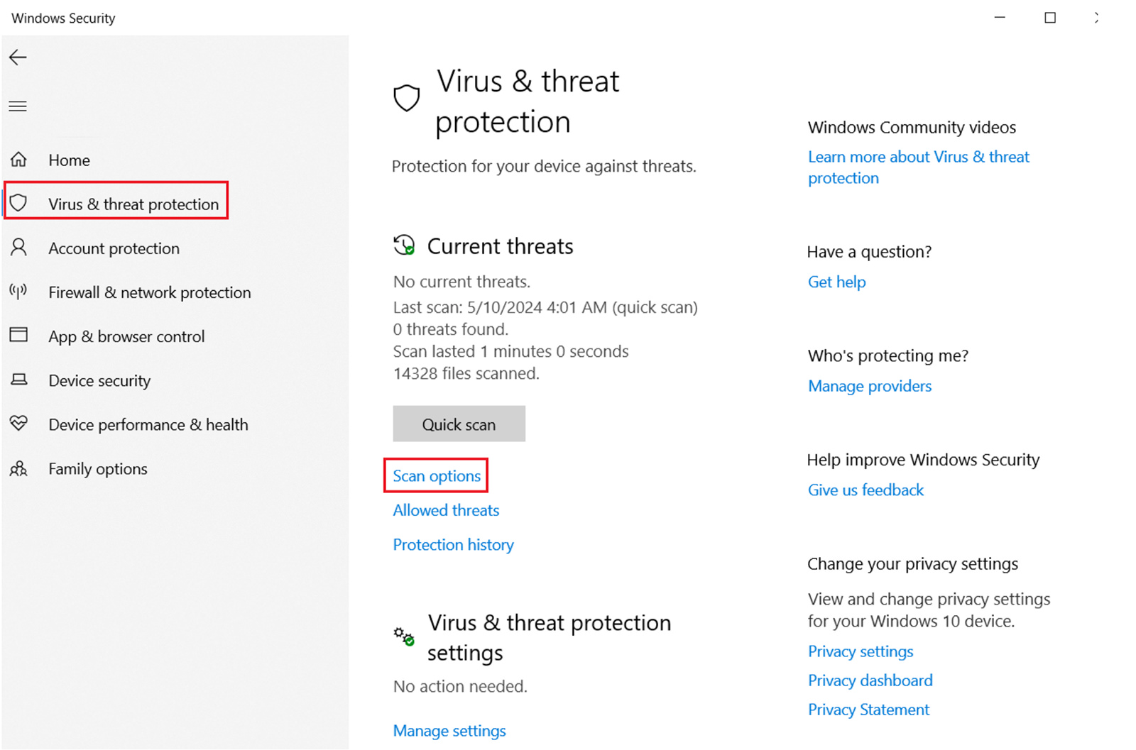 Choosing scan options in Windows Security