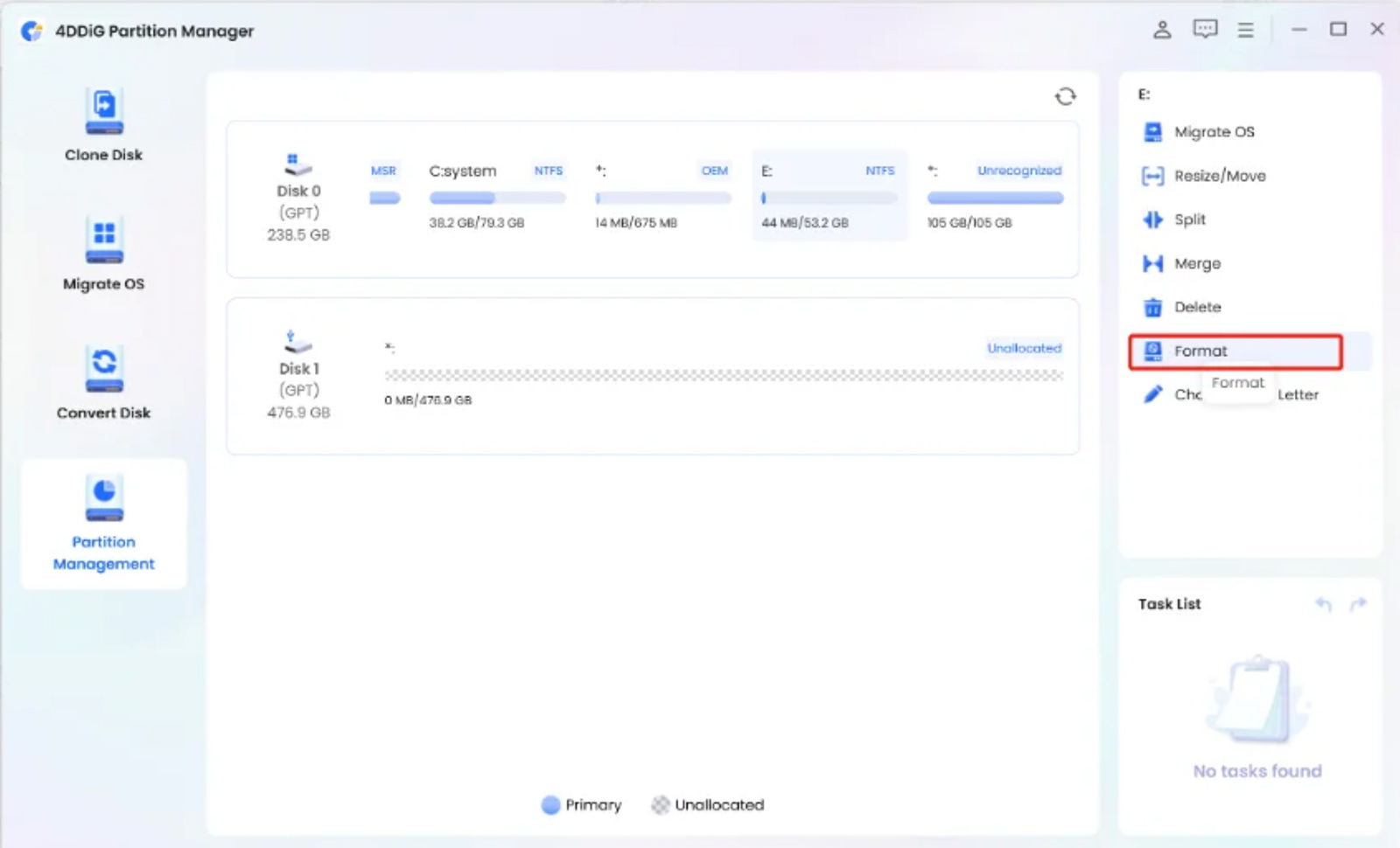 Selecting format option in 4DDiG Partition Manager