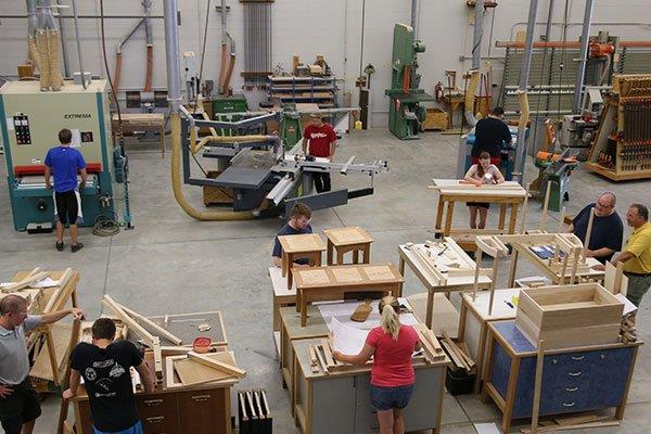 students working in wood manufacturing lab